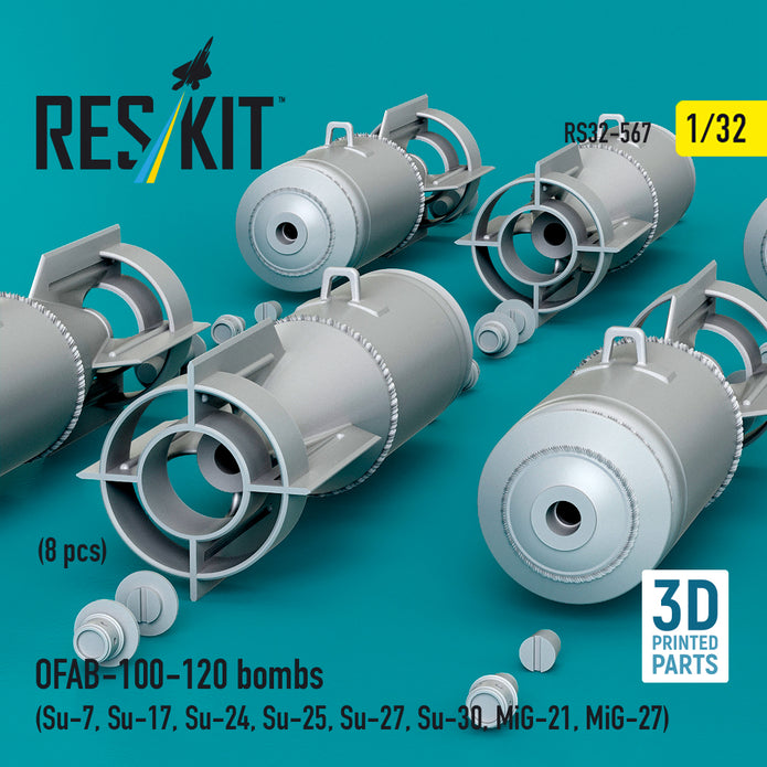 OFAB-100-120 bombs (8 pcs) (Su-7, Su-17, Su-24, Su-25, Su-27, Su-30, MiG-21, MiG-27) (3D Printed) Scale 1:32 ResKit RS32-0567