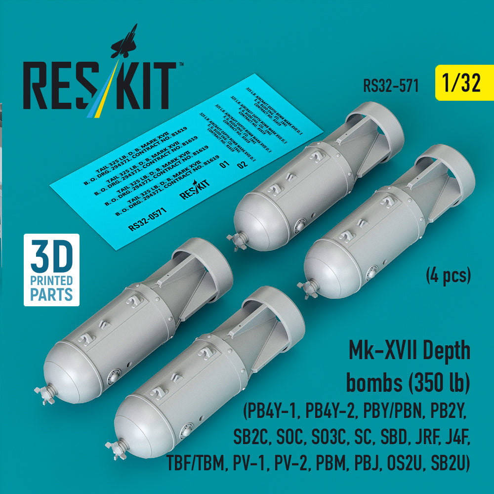 Mk-XVII Depth bombs (350 lb) (4 pcs) (PB4Y-1, PB4Y-2, PBY/PBN, PB2Y, SB2C, SOC, SO3C, SC, SBD, JRF, J4F, TBF/TBM, PV-1, PV-2, PBM, PBJ, OS2U, SB2U) (3D Printed) Scale 1:32