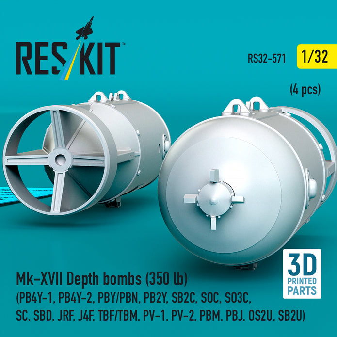 Mk-XVII Depth bombs (350 lb) (4 pcs) (PB4Y-1, PB4Y-2, PBY/PBN, PB2Y, SB2C, SOC, SO3C, SC, SBD, JRF, J4F, TBF/TBM, PV-1, PV-2, PBM, PBJ, OS2U, SB2U) (3D Printed) Scale 1:32