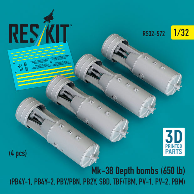 Mk-38 Depth bombs (650 lb) (4 pcs) (PB4Y-1, PB4Y-2, PBY/PBN, PB2Y, SBD, TBF/TBM, PV-1, PV-2, PBM) (3D Printed) Scale 1:32 ResKit RS32-0572