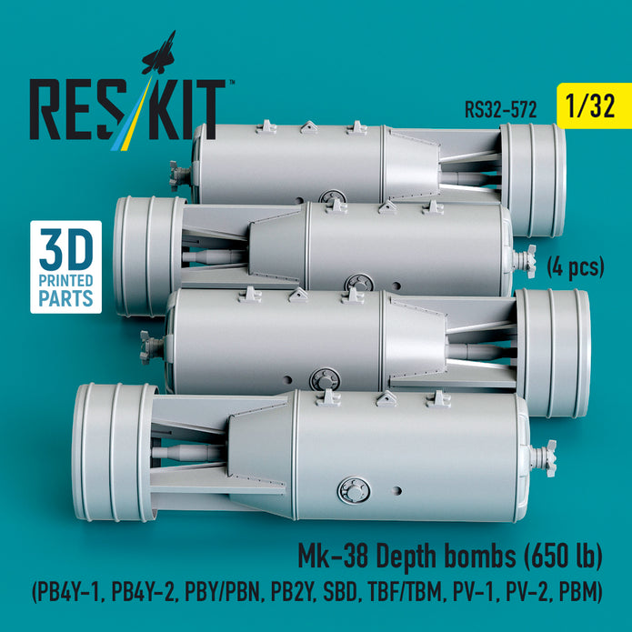 Mk-38 Depth bombs (650 lb) (4 pcs) (PB4Y-1, PB4Y-2, PBY/PBN, PB2Y, SBD, TBF/TBM, PV-1, PV-2, PBM) (3D Printed) Scale 1:32 ResKit RS32-0572