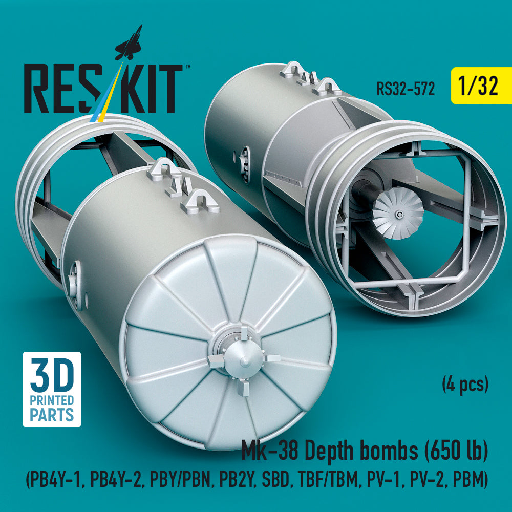 Mk-38 Depth bombs (650 lb) (4 pcs) (PB4Y-1, PB4Y-2, PBY/PBN, PB2Y, SBD, TBF/TBM, PV-1, PV-2, PBM) (3D Printed) Scale 1:32 ResKit RS32-0572