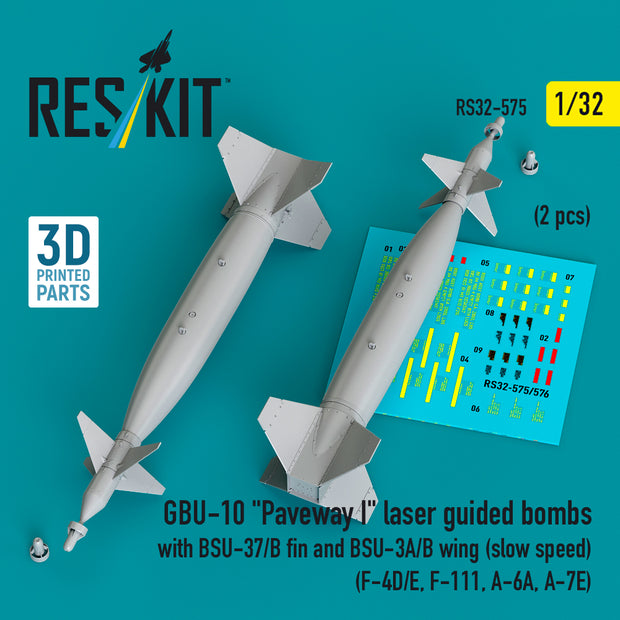 GBU-10 Paveway I laser guided bombs with BSU-37/B fin and BSU-3A/B wing (slow speed) (2 pcs) (F-4D/E, F-111, A-6A, A-7E) (3D Printed) Scale 1:32 ResKit RS32-0575