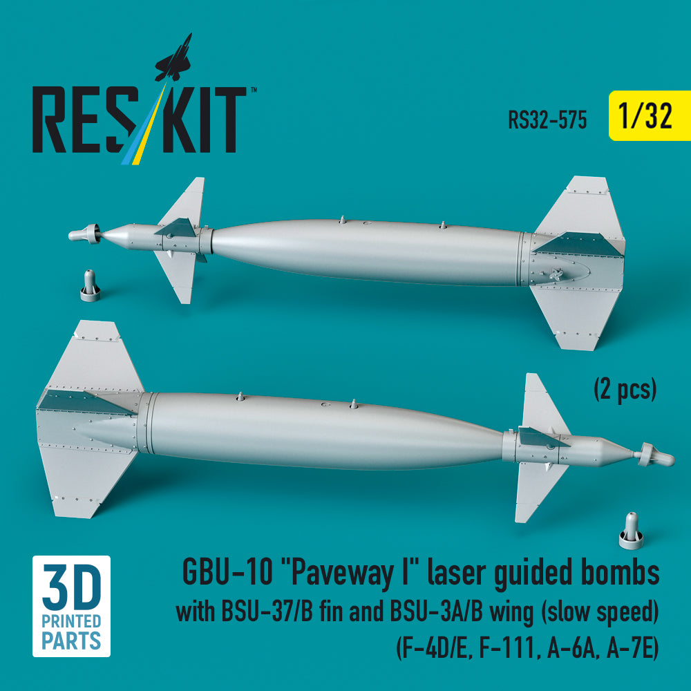 GBU-10 Paveway I laser guided bombs with BSU-37/B fin and BSU-3A/B wing (slow speed) (2 pcs) (F-4D/E, F-111, A-6A, A-7E) (3D Printed) Scale 1:32 ResKit RS32-0575