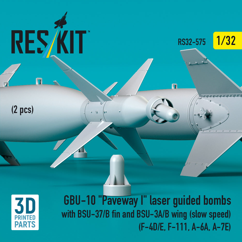 GBU-10 Paveway I laser guided bombs with BSU-37/B fin and BSU-3A/B wing (slow speed) (2 pcs) (F-4D/E, F-111, A-6A, A-7E) (3D Printed) Scale 1:32 ResKit RS32-0575