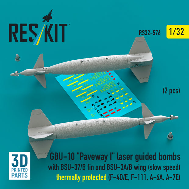 GBU-10 Paveway I laser guided bombs with BSU-37/B fin and BSU-3A/B wing (slow speed) thermally protected (2 pcs) (F-4D/E, F-111, A-6A, A-7E) (3D Printed) Scale 1:32 ResKit RS32-0576
