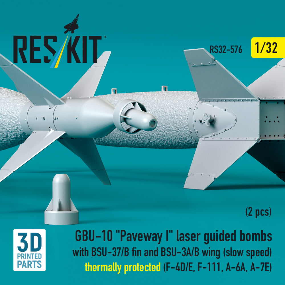 GBU-10 Paveway I laser guided bombs with BSU-37/B fin and BSU-3A/B wing (slow speed) thermally protected (2 pcs) (F-4D/E, F-111, A-6A, A-7E) (3D Printed) Scale 1:32 ResKit RS32-0576