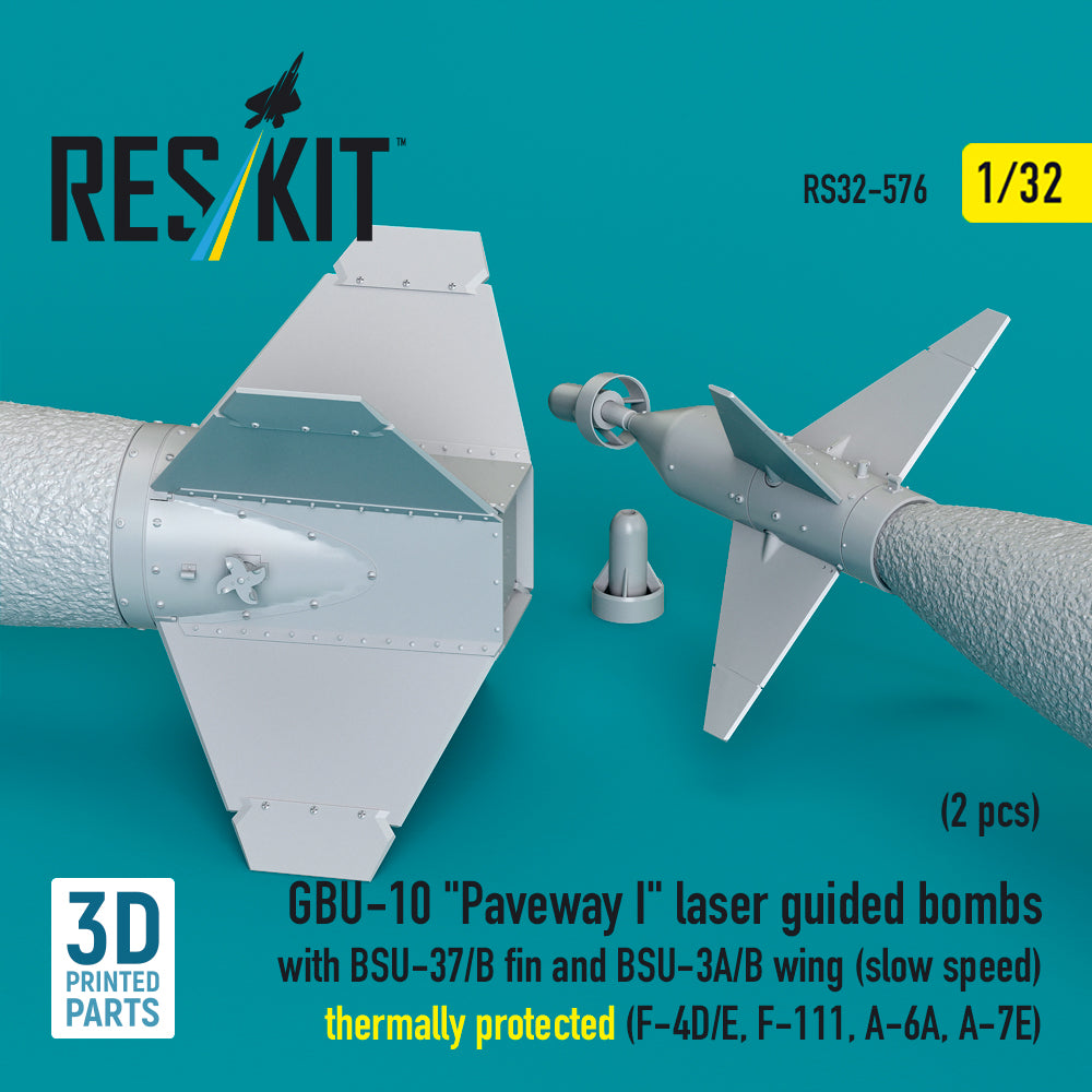 GBU-10 Paveway I laser guided bombs with BSU-37/B fin and BSU-3A/B wing (slow speed) thermally protected (2 pcs) (F-4D/E, F-111, A-6A, A-7E) (3D Printed) Scale 1:32 ResKit RS32-0576