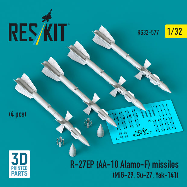 R-27EP (AA-10 Alamo-F) missiles (4 pcs) (MiG-29, Su-27, Yak-141) (3D Printed) Scale 1:32 ResKit RS32-0577