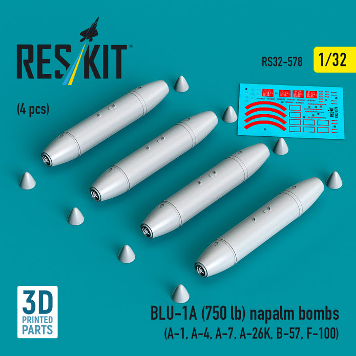 BLU-1A (750 lb) napalm bombs (4 pcs) (A-1, A-4, A-7, A-26K, B-57, F-100) (3D Printed) Scale 1:32 ResKit RS32-0578