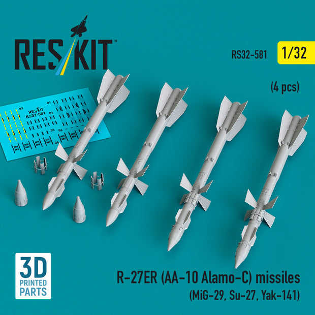R-27ER (AA-10 Alamo-C) missiles (4 pcs) (MiG-29, Su-27, Yak-141) (3D Printed) Scale 1:32 ResKit RS32-0581