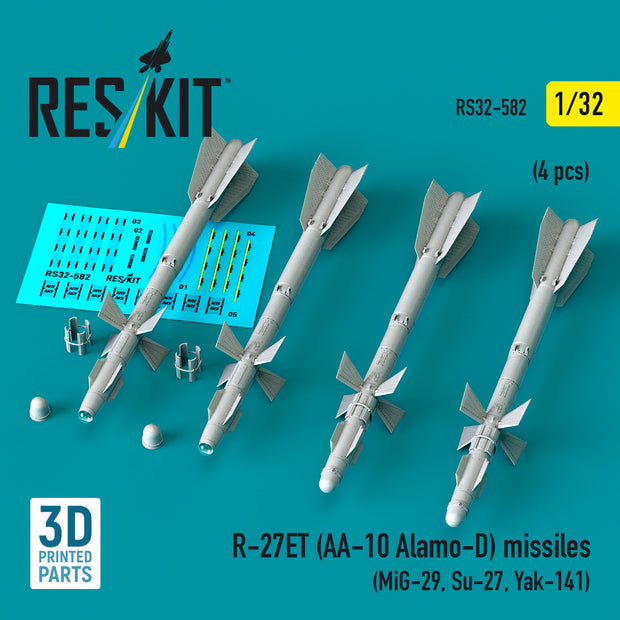 R-27ET (AA-10 Alamo-D) missiles (4 pcs) (MiG-29, Su-27, Yak-141) (3D Printed) Scale 1:32 ResKit RS32-0582