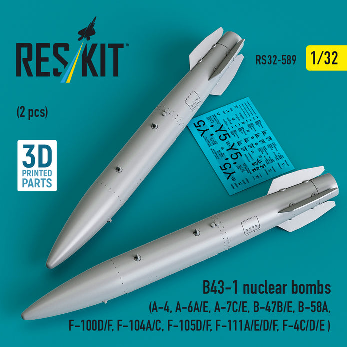 B43-1 nuclear bombs (2 pcs) (A-4, A-6A/E, A-7C/E, B-47B/E, B-58A, F-100D/F, F-104A/C, F-105D/F, F-111A/D/E/F, F-4C/D/E ) (3D Printed) Scale 1:32 ResKit RS32-0589