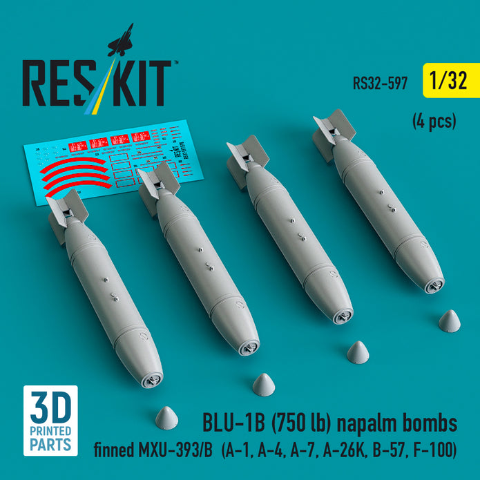 BLU-1B (750 lb) napalm bombs finned MXU-393/B (4 pcs) (A-1, A-4, A-7, A-26K, B-57, F-100) (3D Printed) Scale 1:32 ResKit RS32-0597