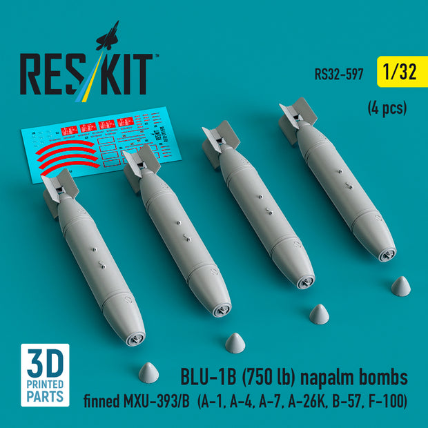 BLU-1B (750 lb) napalm bombs finned MXU-393/B (4 pcs) (A-1, A-4, A-7, A-26K, B-57, F-100) (3D Printed) Scale 1:32 ResKit RS32-0597