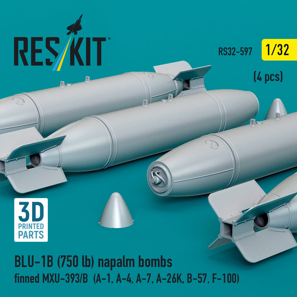 BLU-1B (750 lb) napalm bombs finned MXU-393/B (4 pcs) (A-1, A-4, A-7, A-26K, B-57, F-100) (3D Printed) Scale 1:32 ResKit RS32-0597