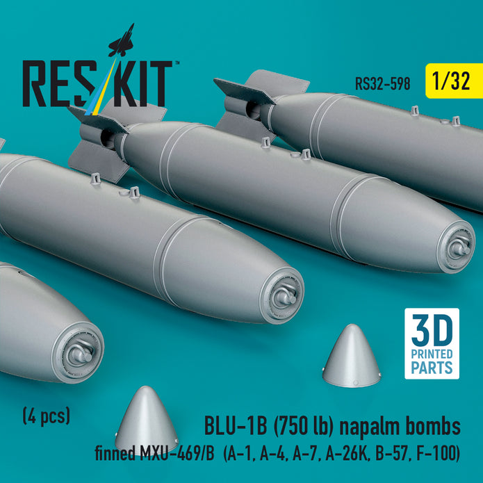 BLU-1B (750 lb) napalm bombs finned MXU-469/B (4 pcs) (A-1, A-4, A-7, A-26K, B-57, F-100) (3D Printed) Scale 1:32 ResKit RS32-0598