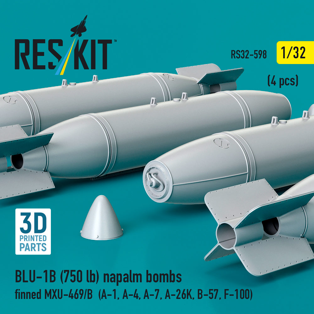 BLU-1B (750 lb) napalm bombs finned MXU-469/B (4 pcs) (A-1, A-4, A-7, A-26K, B-57, F-100) (3D Printed) Scale 1:32 ResKit RS32-0598