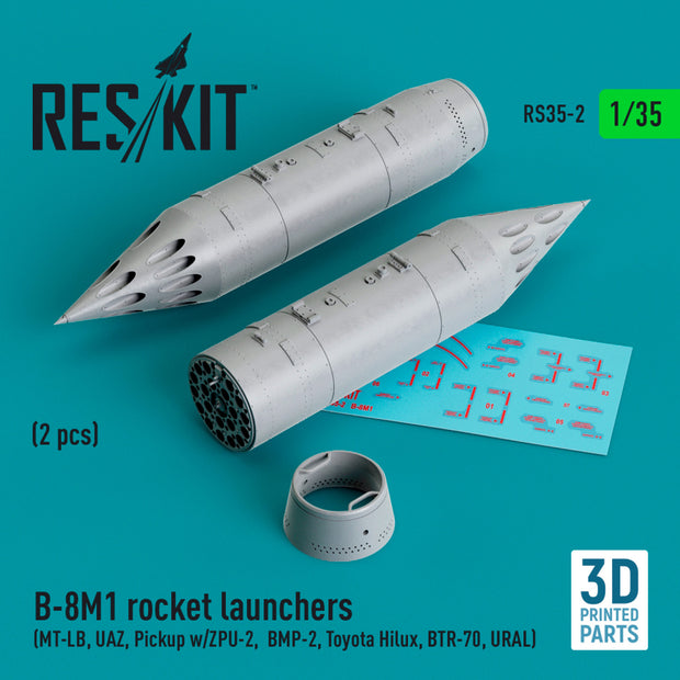 B-8M1 Rocket Launchers (2 pcs) (MT-LB, UAZ, Pickup w/ZPU-2, BMP-2, Toyota Hilux, BTR-70, URAL) (3D Printed) Scale 1:35 ResKit RS35-0002 for Armoured Vehicles Model Kit