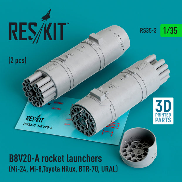 B8V20-A Rocket Launchers (2 pcs) (Mi-24, Mi-8,Toyota Hilux, BTR-70, URAL) (3D Printed) Scale 1:35 ResKit RS35-0003 for Armoured Vehicles / Helicopters Model Kit