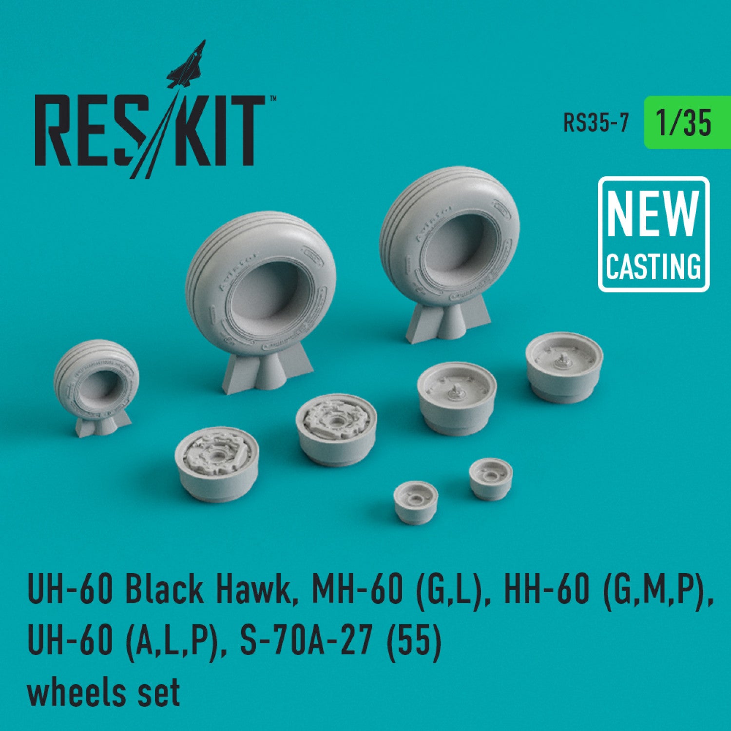 Sikorsky UH-60 Black Hawk/MH-60 (G,L)/HH-60 (G,M,P)/UH-60 (A,L,P)/S-70A-27(55) Wheels set (weighted) Scale 1:35 ResKit RS35-0007 for Helicopters Model Kit