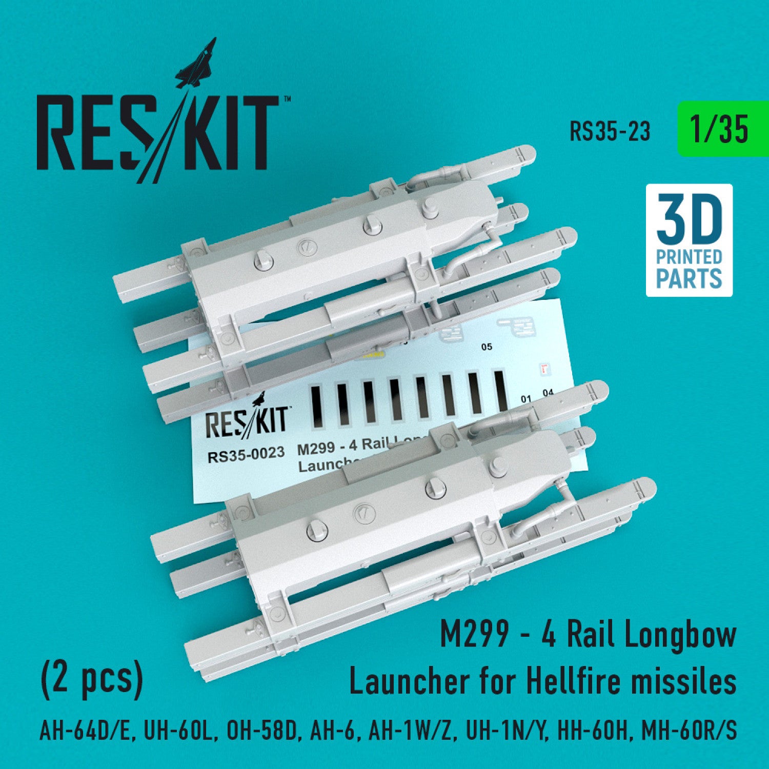 M299 - 4 Rail Longbow Launcher for Hellfire Missiles (2 pcs) (AH-64D/E, UH-60L, OH-58D, AH-6, AH-1W/Z, UH-1N/Y, HH-60H, MH-60R/S) Scale 1:35 ResKit RS35-0023 for Helicopters Model Kit