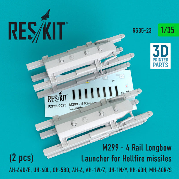 M299 - 4 Rail Longbow Launcher for Hellfire Missiles (2 pcs) (AH-64D/E, UH-60L, OH-58D, AH-6, AH-1W/Z, UH-1N/Y, HH-60H, MH-60R/S) Scale 1:35 ResKit RS35-0023 for Helicopters Model Kit
