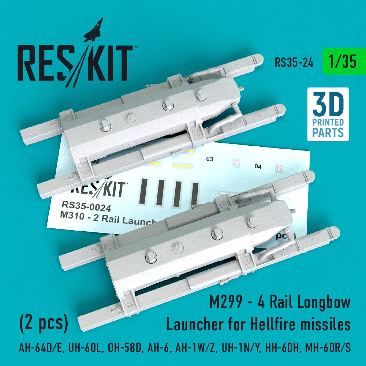 M310 - 2 Rail Launcher for Hellfire Missiles (2 pcs) (AH-64D/E, UH-60L, OH-58D, AH-6, AH-1W/Z, UH-1N/Y, HH-60H, MH-60R/S) Scale 1:35 ResKit RS35-0024 for Helicopters Model Kit