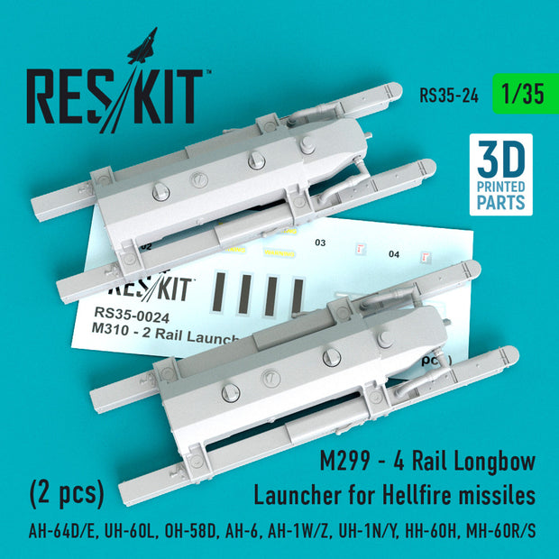 M310 - 2 Rail Launcher for Hellfire Missiles (2 pcs) (AH-64D/E, UH-60L, OH-58D, AH-6, AH-1W/Z, UH-1N/Y, HH-60H, MH-60R/S) Scale 1:35 ResKit RS35-0024 for Helicopters Model Kit