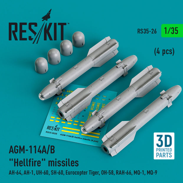 AGM-114A/B Hellfire Missiles (4 pcs) (AH-64, AH-1, UH-60, SH-60, Eurocopter Tiger, OH-58, RAH-66, MQ-1, MQ-9) (3D Printed) Scale 1:35 ResKit RS35-0026 for Helicopters Model Kit