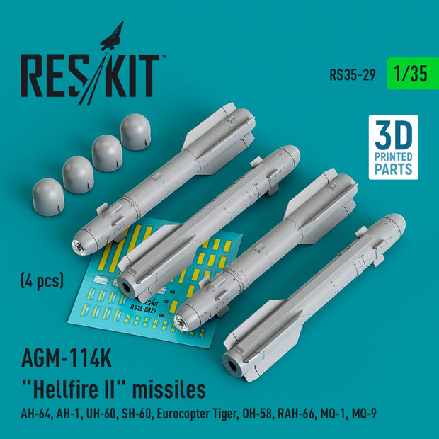 AGM-114K Hellfire II Missiles (4 pcs) (AH-64, AH-1, UH-60, SH-60, Eurocopter Tiger, OH-58, RAH-66, MQ-1, MQ-9) (3D Printed) Scale 1:35 ResKit RS35-0029 for Helicopters Model Kit
