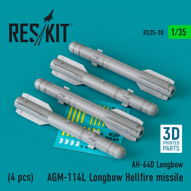 AGM-114L Longbow Hellfire Missiles (4 pcs)(AH-64D Longbow) (3D Printed) Scale 1:35 ResKit RS35-0030 for Helicopters Model Kit