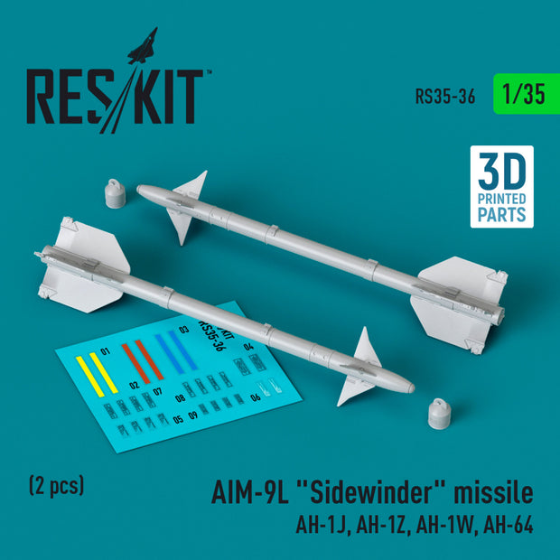 AIM-9L Sidewinder Missile (AH-1J, AH-1Z, AH-1W, AH-64) (2 pcs) (3D Printed) Scale 1:35 ResKit RS35-0036 for Helicopters Model Kit