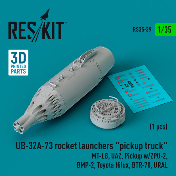 UB-32A-73 Rocket Launchers Pickup Truck (1 pcs) (MT-LB, UAZ, Pickup w/ZPU-2, BMP-2, Toyota Hilux, BTR-70, URAL) (3D Printed) Scale 1:35 ResKit RS35-0039 for Armoured Vehicles Model Kit