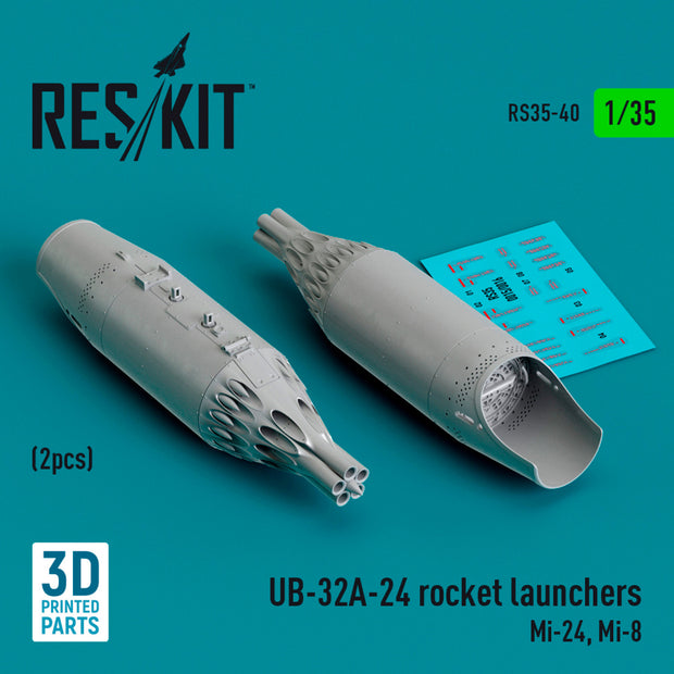 UB-32A-24 Rocket Launchers (2 pcs) (Mil Mi-24, Mi-8) (3D Printed) Scale 1:35 ResKit RS35-0040 for Helicopters Model Kit