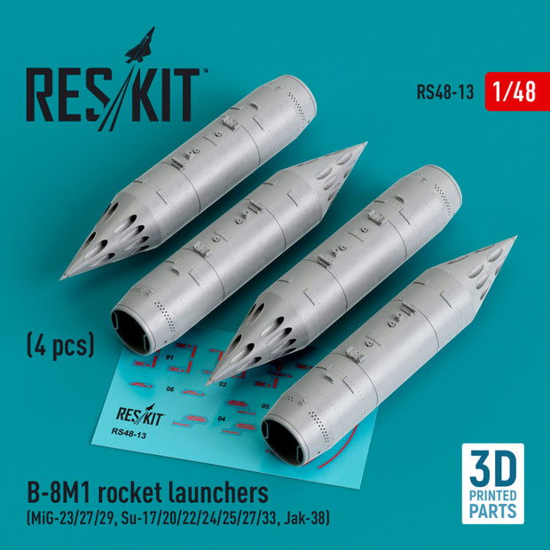 B-8M1 Rocket Launchers (4 pcs) (MiG-23/27/29, Su-17/20/22/24/25/27/33, Yak-38) (3D Printed) Scale 1:48 ResKit RS48-0013 for Aircraft Model Kit