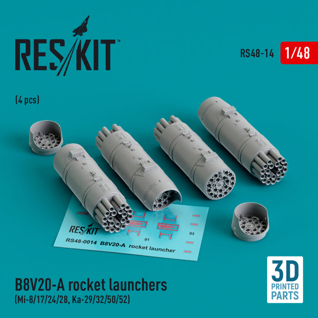 B8V20-А Rocket Launchers (4 pcs) (Mi-8/17/24/28, Ka-29/32/50/52) (3D Printed) Scale 1:48 ResKit RS48-0014 for Helicopters Model Kit