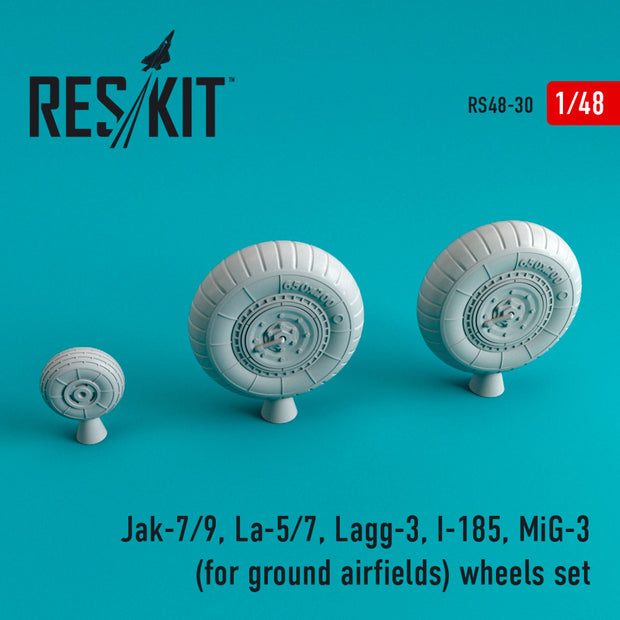 Jak-7/9, La-5/7, Lagg-3, I-185, MiG-3 Wheels set for ground airfields Scale 1:48 ResKit RS48-0030 for Aircraft Model Kit