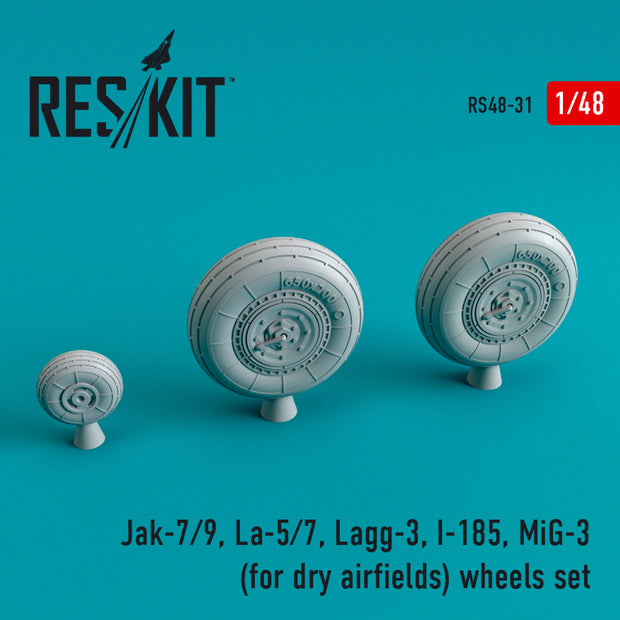 Jak-7/9, La-5/7, Lagg-3, I-185, MiG-3 Wheels set for dry airfields Scale 1:48 ResKit RS48-0031 for Aircraft Model Kit