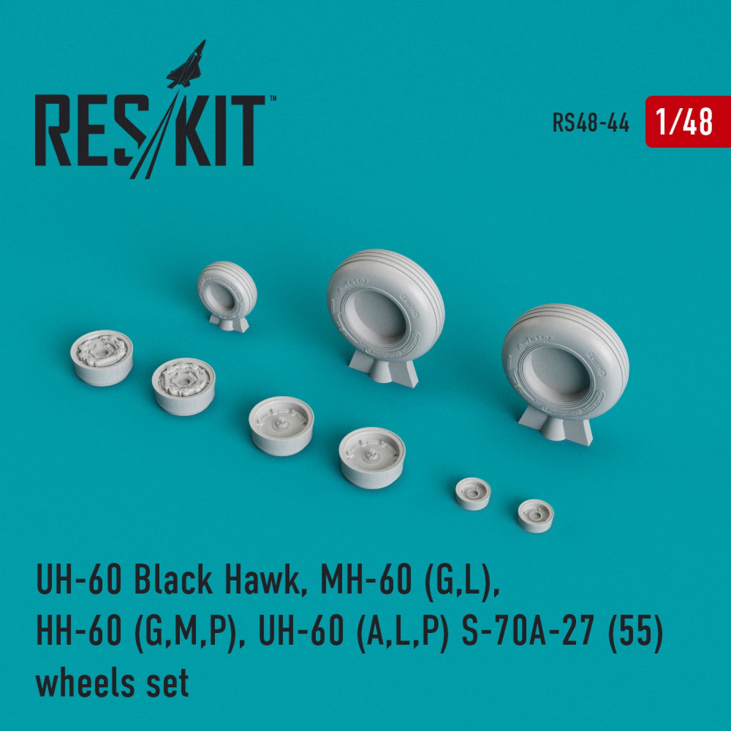 Sikorsky UH-60 Black Hawk, MH-60 (G,L), HH-60 (G,M,P), UH-60 (A,L,P) S-70A-27 (55) Wheels set (weighted) Scale 1:48 ResKit RS48-0044 for Helicopters Model Kit