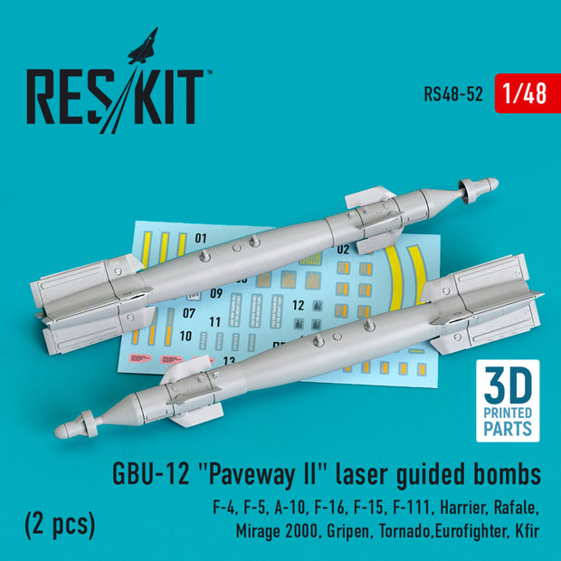GBU-12 "Paveway II" Laser Guided Bombs (2 pcs) (F-4, F-5, A-10, F-16, F-15, F-111, Harrier, Rafale, Mirage 2000, Gripen, Tornado,Eurofighter, Kfir) (3D Printed) Scale 1:48 ResKit RS48-0052 for Aircraft Model Kit