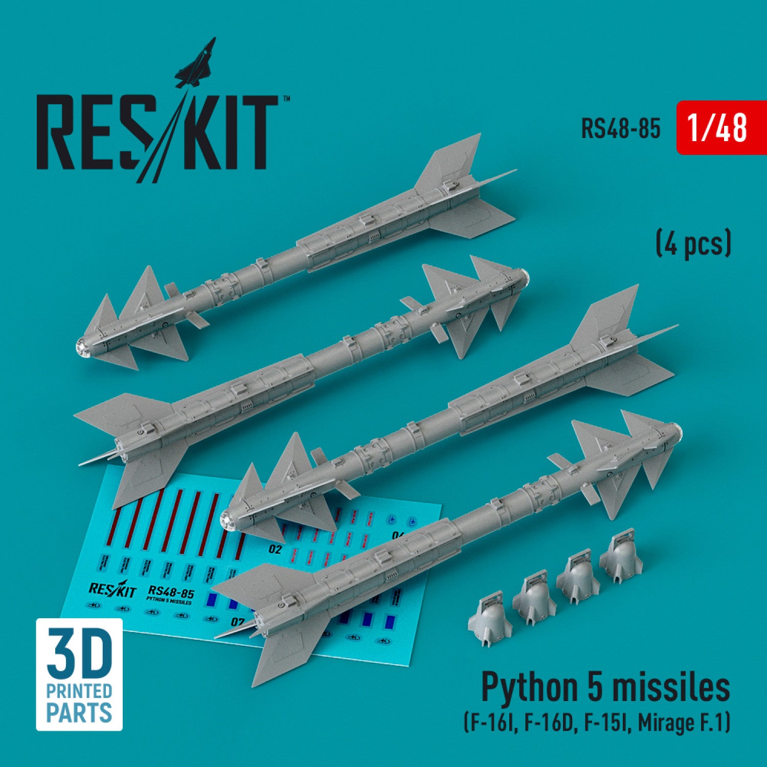 Python 5 Missiles (4 pcs) (F-16I, F-16D, F-15I, Mirage F.1) (3D Printed) Scale 1:48 ResKit RS48-0085 for Aircraft Model Kit