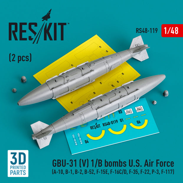 GBU-31 (V) 1/B Bombs U,S, Air Force (2 pcs) (A-10, B-1, B-2, B-52, F-15E, F-16C/D, F-35, F-22, P-3, F-117) (3D Printed) Scale 1:48 ResKit RS48-0119 for Aircraft Model Kit