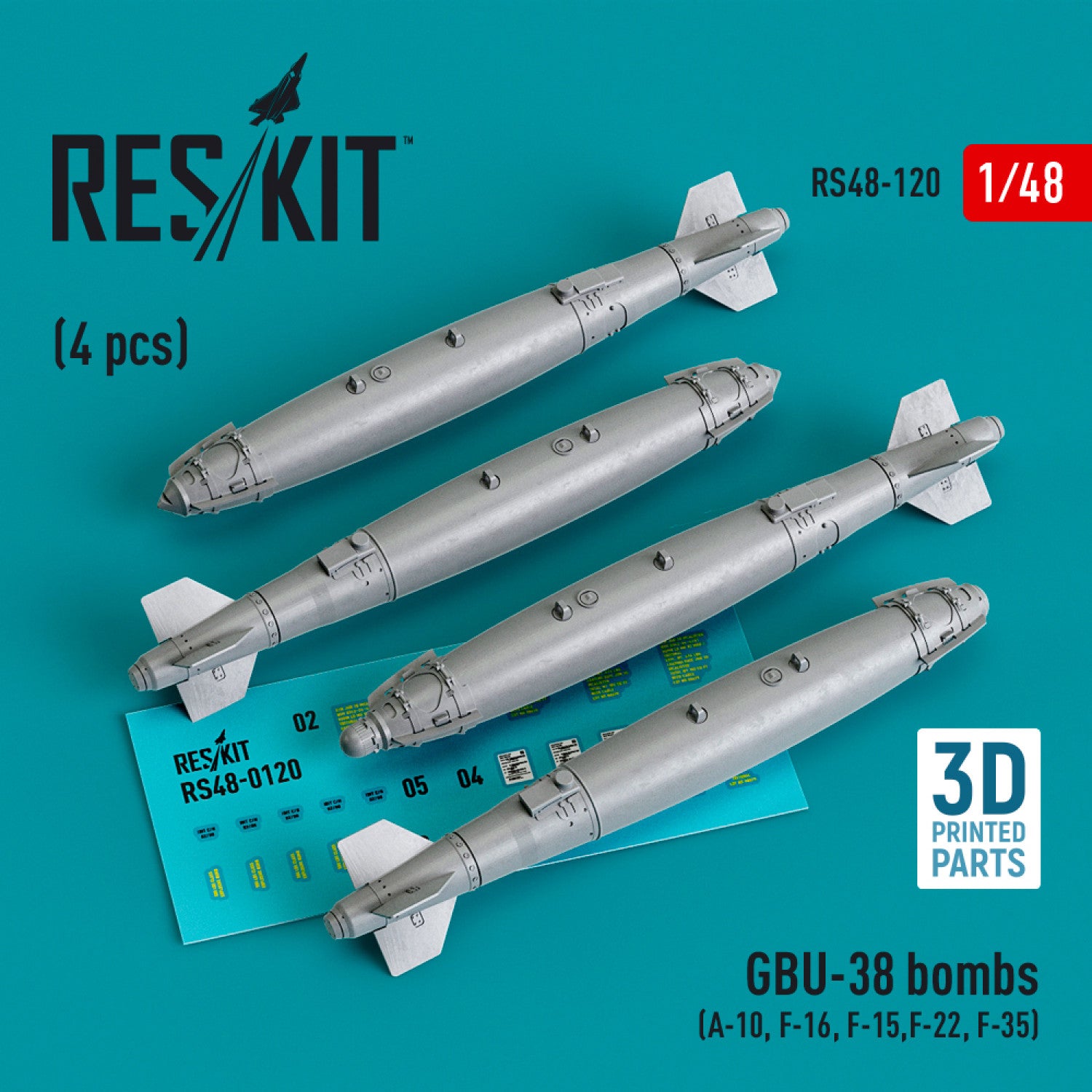 GBU-38 Bombs (4 pcs) (A-10, F-16, F-15,F-22, F-35) (3D Printed) Scale 1:48 ResKit RS48-0120 for Aircraft Model Kit