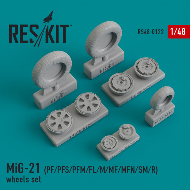MiG-21 (PF, PFS, PFM, FL, M, MF, MFN, SM, R) Wheels set Scale 1:48 ResKit RS48-0122 for Aircraft Model Kit