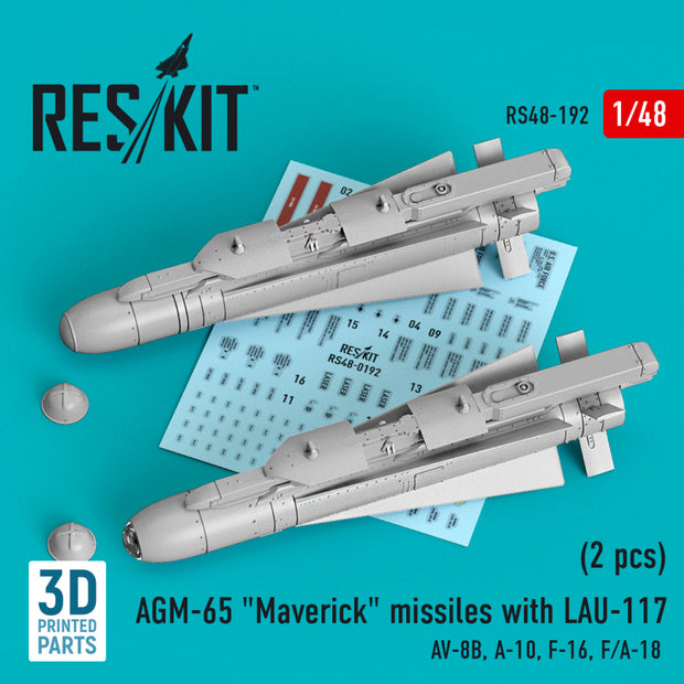 AGM-65 Maverick Missiles with LAU-117 (2 pcs) (AV-8B, A-10, F-16, F/A-18) (3D Printed) Scale 1:48 ResKit RS48-0192 for Aircraft Model Kit