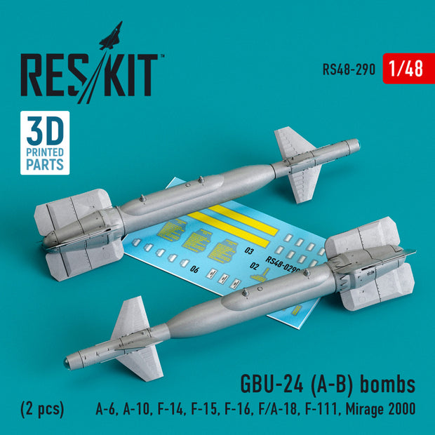GBU-24 (A-B) Bombs (2 pcs) (A-6, A-10, F-14, F-15, F-16, F/A-18, F-111, Mirage 2000) (3D Printed) Scale 1:48 ResKit RS48-0290 for Aircraft Model Kit