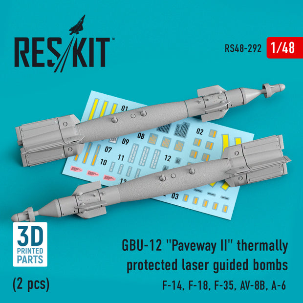 GBU-12 "Paveway II" Thermally Protected Laser Guided Bombs (2 pcs) (F-14, F-18, F-35, AV-8B, A-6) (3D Printed) Scale 1:48 ResKit RS48-0292 for Aircraft Model Kit