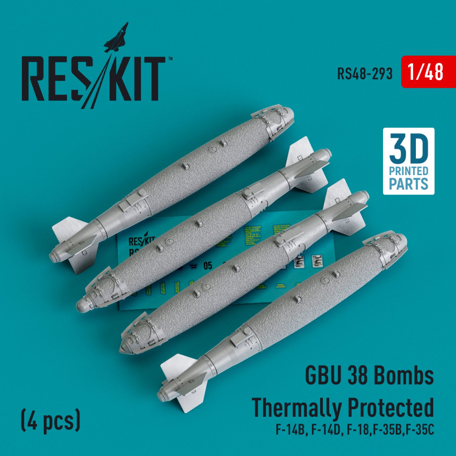 GBU-38 Bombs Thermally Protected (4 pcs) (F-14B, F-14D, F-18, F-35B, F-35C) Scale 1:48 ResKit RS48-0293 for Aircraft Model Kit