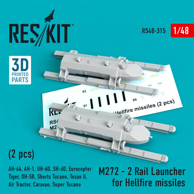M272 - 2 Rail Launcher for Hellfire Missiles (2 pcs) (AH-64, AH-1, UH-60, SH-60, Eurocopter Tiger, OH-58, Shorts Tucano, Texan II, Air Tractor, Caravan, Super Tucano) Scale 1:48 ResKit RS48-0315 for Helicopters Model Kit